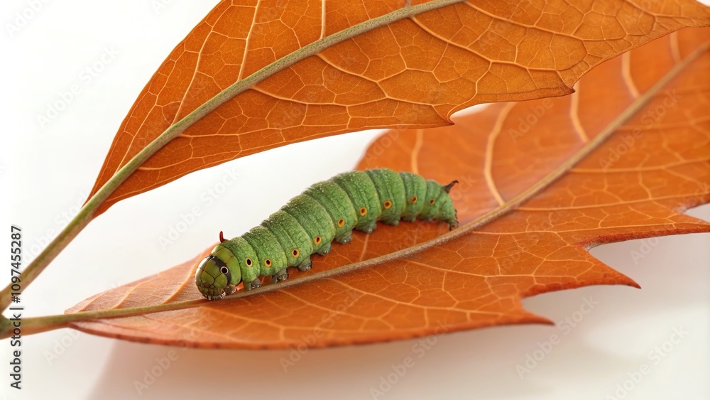 Single green caterpillar crawling on an orange leaf, insect behavior, insect locomotion, insect life cycle, green insect species Single green caterpillar crawling on an orange leaf, insect behavior, insect locomotion, insect life cycle, green insect species