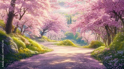 A serene pathway through blooming cherry blossoms, evoking tranquility and natural beauty.