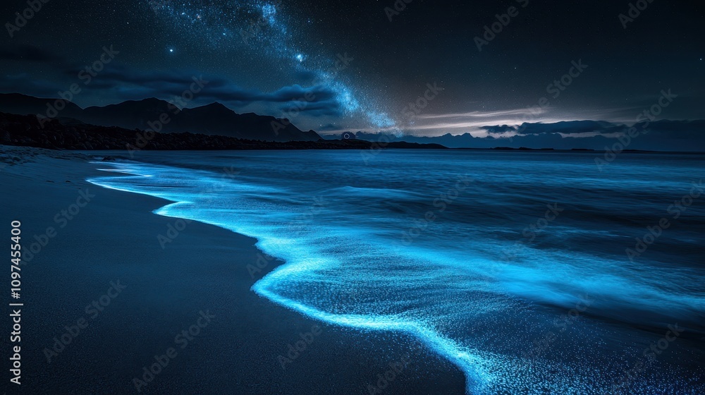 Fototapeta premium Bioluminescent Waves Crashing on a Dark Sandy Beach Under a Starry Night Sky - Stunning Night Seascape Photography