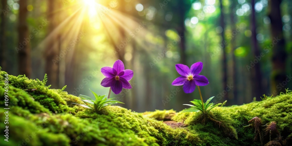 Sunlit Forest Floor with Two Vibrant Purple Flowers Emerging from Lush Green Moss Sunlit Forest Floor with Two Vibrant Purple Flowers Emerging from Lush Green Moss
