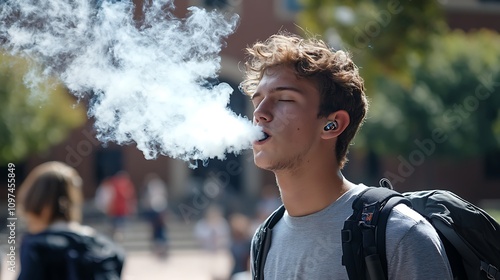 College Student Exhaling Vape Smoke on Campus in Autumn. AI Generated