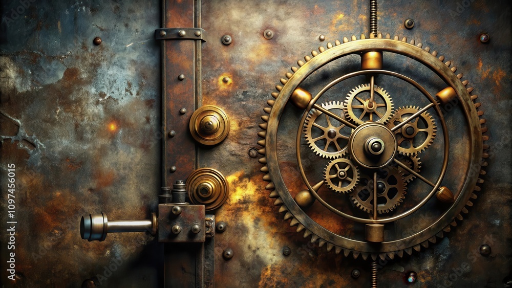 Fototapeta premium Intricate Gear Mechanism on a Rustic Metal Surface, a Steampunk Inspired Design