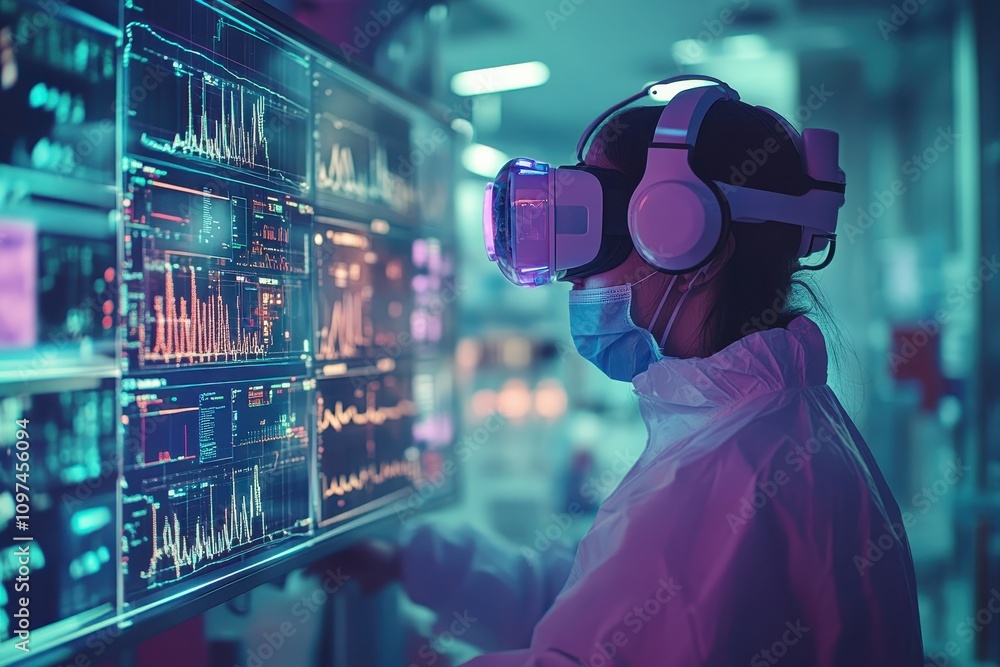 Woman in VR headset analyzes data. She uses virtual reality to interact with complex information shown on large screen. Woman in VR headset analyzes data. She uses virtual reality to interact with complex information shown on large screen.