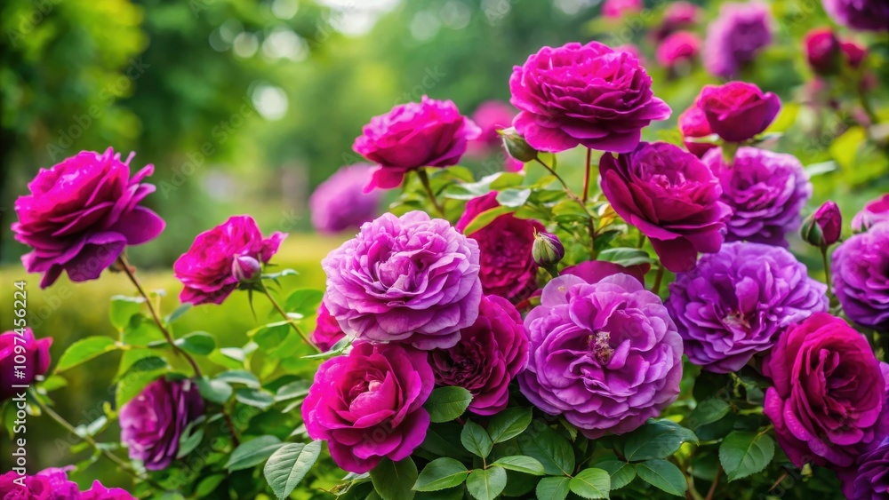 A vibrant cluster of purple and magenta roses blooming in a lush garden setting A vibrant cluster of purple and magenta roses blooming in a lush garden setting