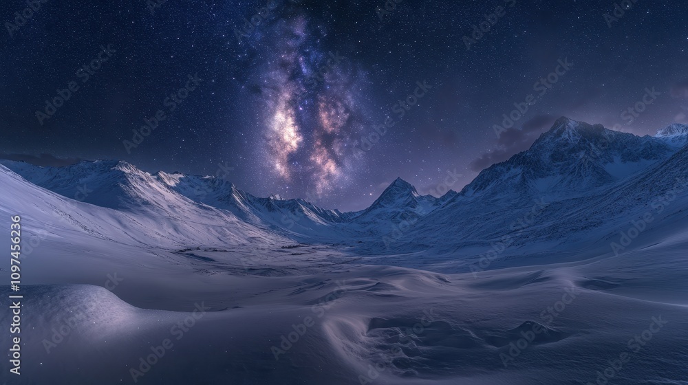 Majestic Milky Way Galaxy Over Snowy Mountain Range at Night - Breathtaking Astrophotography Landscape Majestic Milky Way Galaxy Over Snowy Mountain Range at Night - Breathtaking Astrophotography Landscape