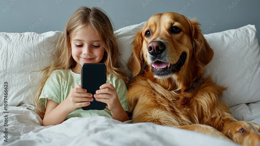 A girl and her golden retriever relax together while she uses a smartphone in bed. A girl and her golden retriever relax together while she uses a smartphone in bed.