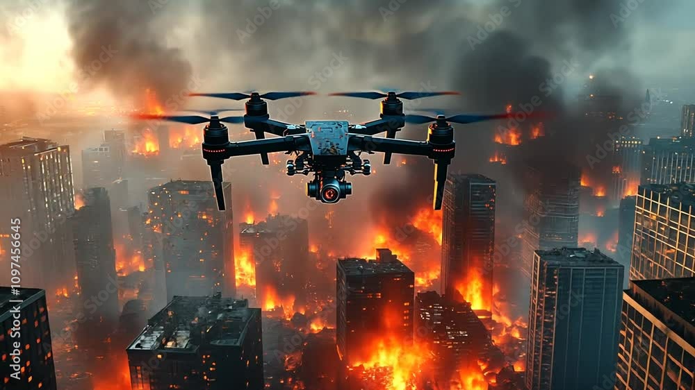 A drone hovers over a city engulfed in flames and smoke, capturing the devastation below. A drone hovers over a city engulfed in flames and smoke, capturing the devastation below.