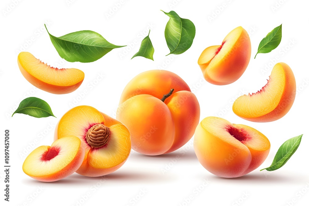 Fresh peaches with leaves, whole and halved peaches isolated on white background Fresh peaches with leaves, whole and halved peaches isolated on white background