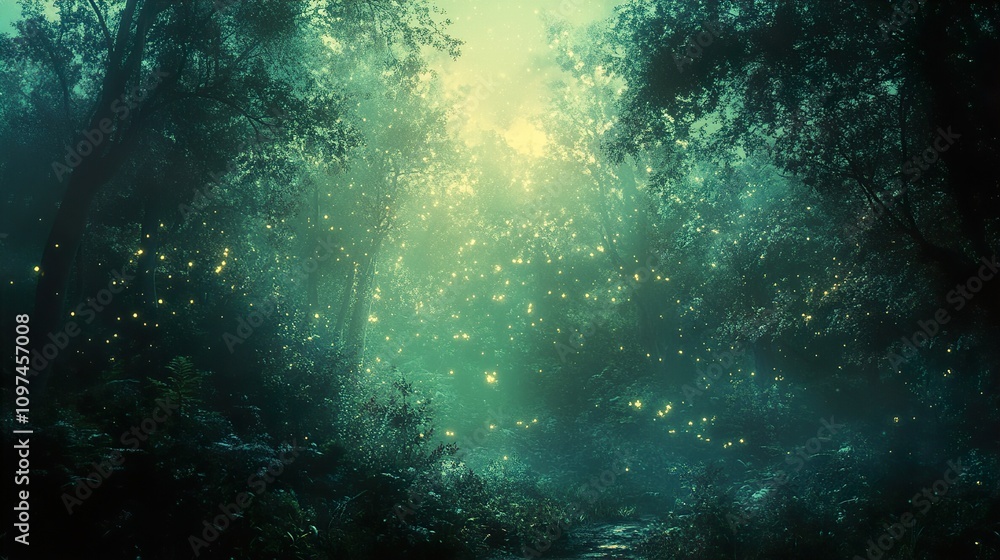 Enchanted Forest at Night: Fireflies and Dreamlike Atmosphere Enchanted Forest at Night: Fireflies and Dreamlike Atmosphere