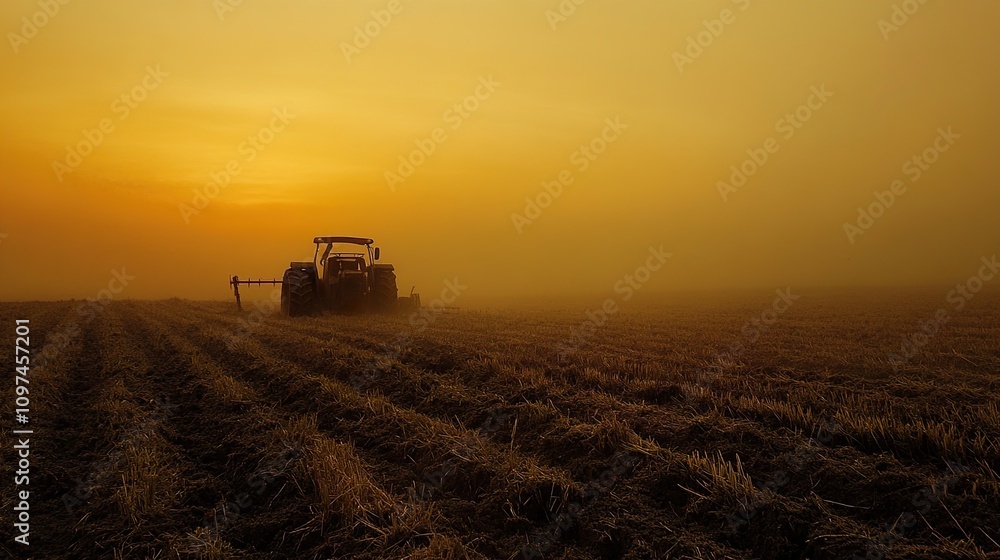 Fototapeta premium Serene Sunrise: Tractor in a Foggy Field