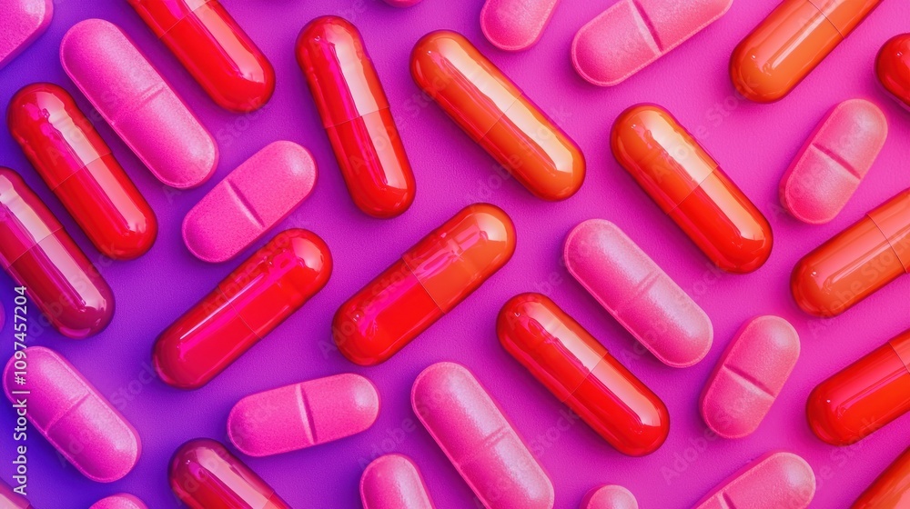 A vibrant assortment of red and pink capsules scattered over a colorful background, showcasing various shapes and sizes. A vibrant assortment of red and pink capsules scattered over a colorful background, showcasing various shapes and sizes.