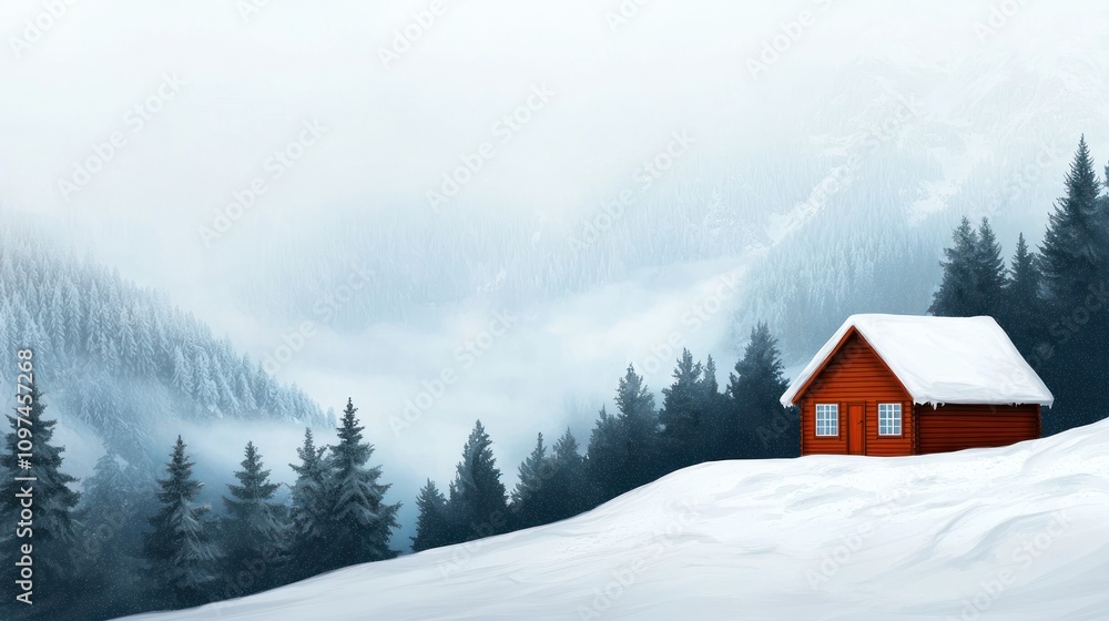 A serene winter landscape featuring a small red cabin surrounded by snow-covered hills and evergreen trees under a misty sky. A serene winter landscape featuring a small red cabin surrounded by snow-covered hills and evergreen trees under a misty sky.