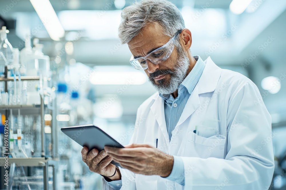 Scientist Analyzing Feedback Survey Results with a Tablet in a Laboratory Setting Surrounded by Scientific Equipment and Glassware Scientist Analyzing Feedback Survey Results with a Tablet in a Laboratory Setting Surrounded by Scientific Equipment and Glassware