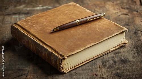 Antique Book and Wooden Pen Resting on Wood