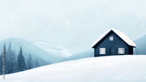 A serene winter landscape featuring a solitary blue house surrounded by snow-covered hills and evergreen trees under a misty sky.