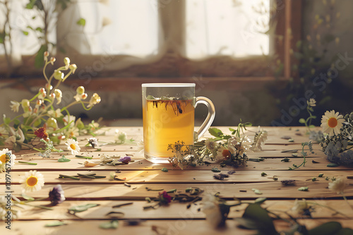 Warm Herbal Tea and Fresh Flowers on Rustic Table: A Holistic Remedy for Wellness and Serenity