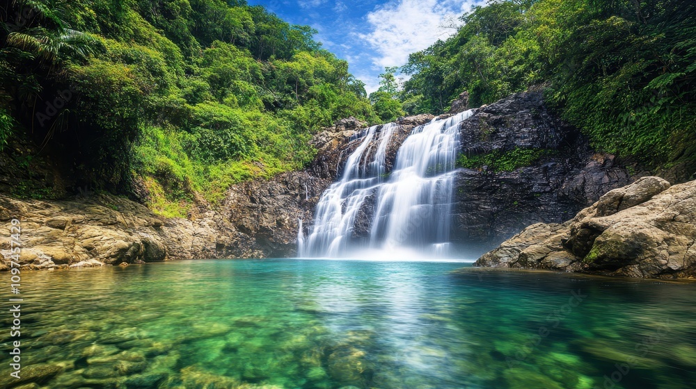 Fototapeta premium Serene Waterfall Cascading into Crystal-Clear Emerald Pool Lush Tropical Rainforest Landscape Photography