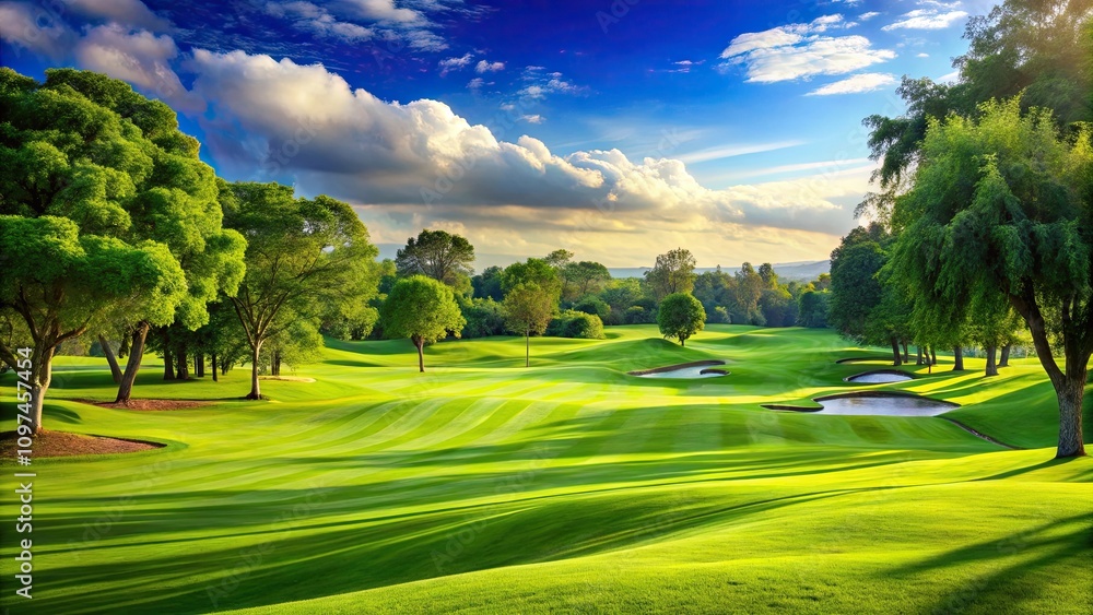 Obraz premium Course featuring lush green trees and grass with a beautiful landscaped design , tree, grass, landscape, green, nature, outdoor