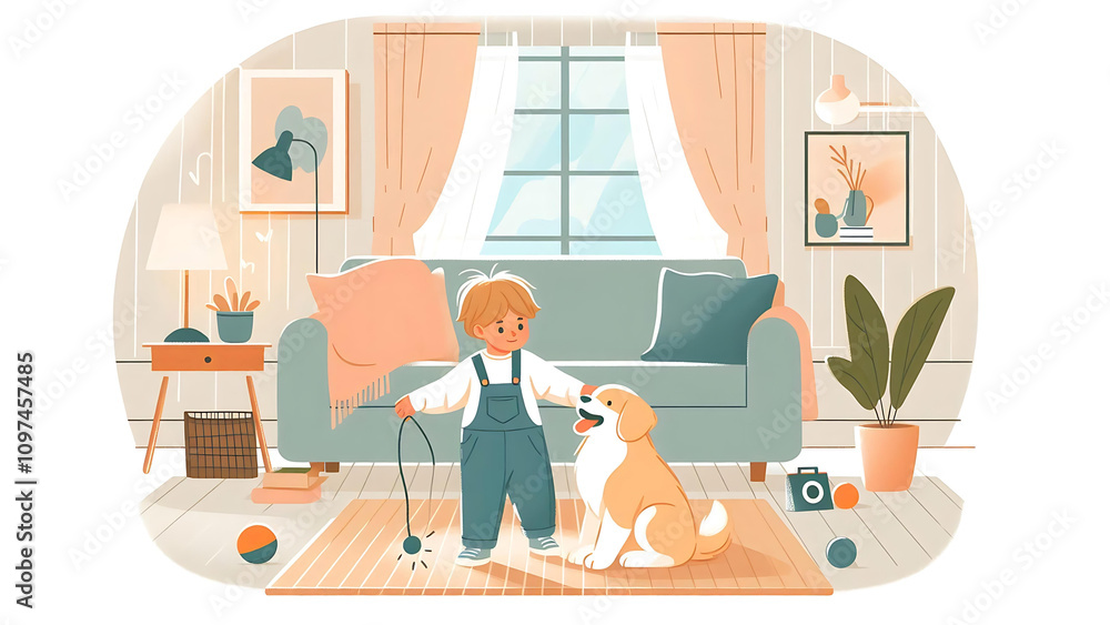 Fototapeta premium Child and Dog in a Cozy Living Room