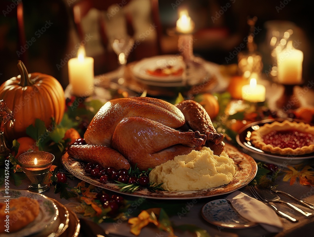 Roasted Thanksgiving Turkey with Mashed Potatoes and Cranberry Sauce on a Rustic Table Setting - Autumn Harvest Dinner Roasted Thanksgiving Turkey with Mashed Potatoes and Cranberry Sauce on a Rustic Table Setting - Autumn Harvest Dinner