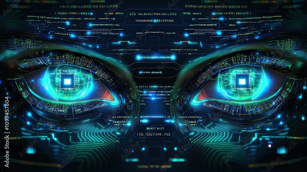Obraz premium A digital representation of futuristic eyes surrounded by glowing data and code, evoking themes of technology, artificial intelligence, and cybernetics.