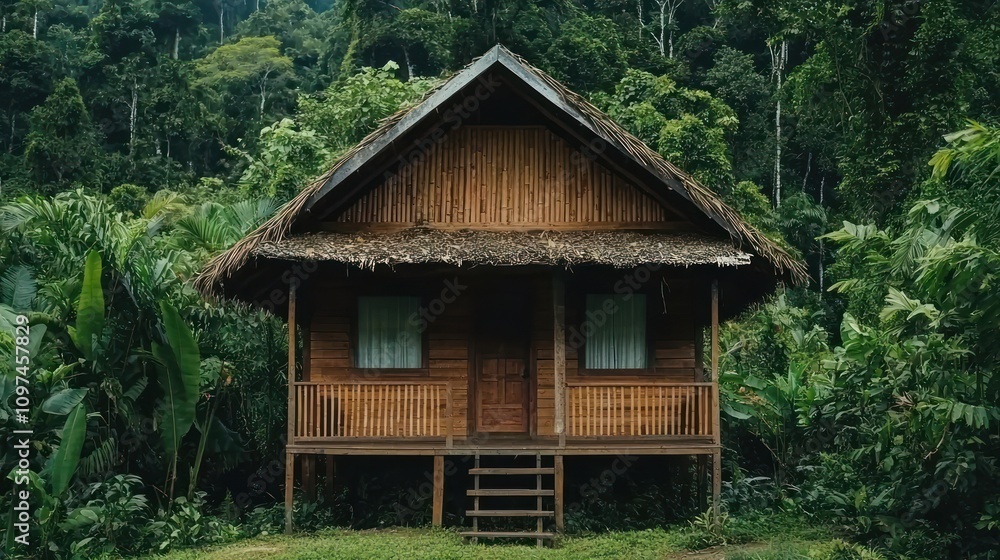 A rustic wooden house nestled in lush green foliage, surrounded by dense tropical vegetation, embodying tranquility and harmony with nature. A rustic wooden house nestled in lush green foliage, surrounded by dense tropical vegetation, embodying tranquility and harmony with nature.