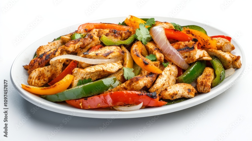 Fototapeta premium A mouthwatering plate of chicken fajitas sizzling with seasoned chicken strips, bell peppers, and onions