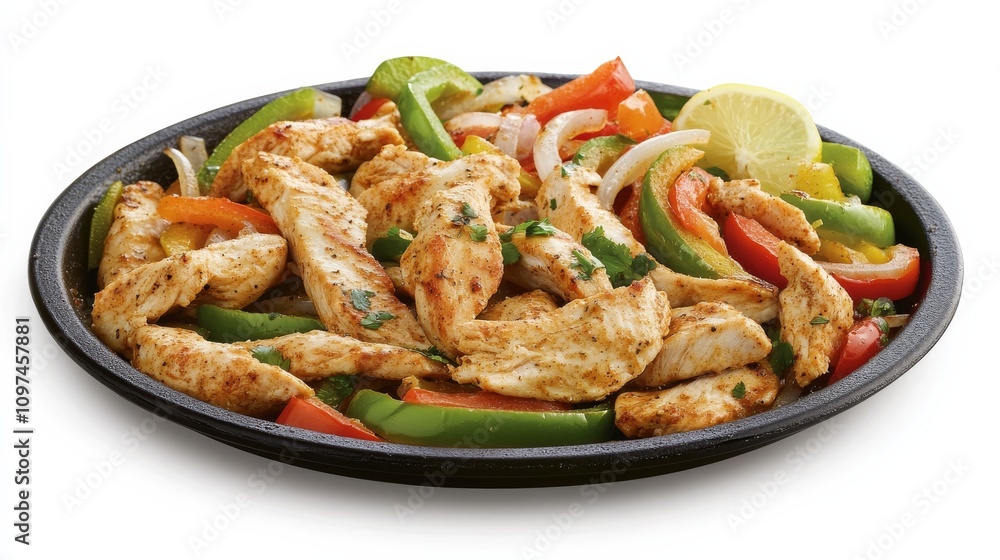Fototapeta premium A mouthwatering plate of chicken fajitas sizzling with seasoned chicken strips, bell peppers, and onions