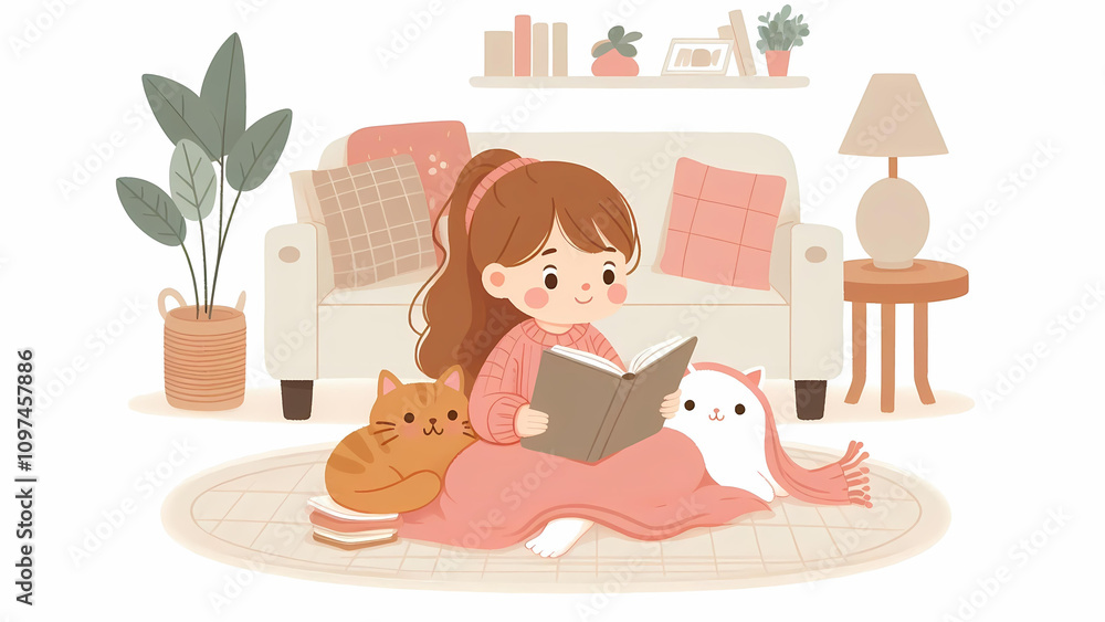 Naklejka premium Girl Reading with Cats in a Cozy Living Room
