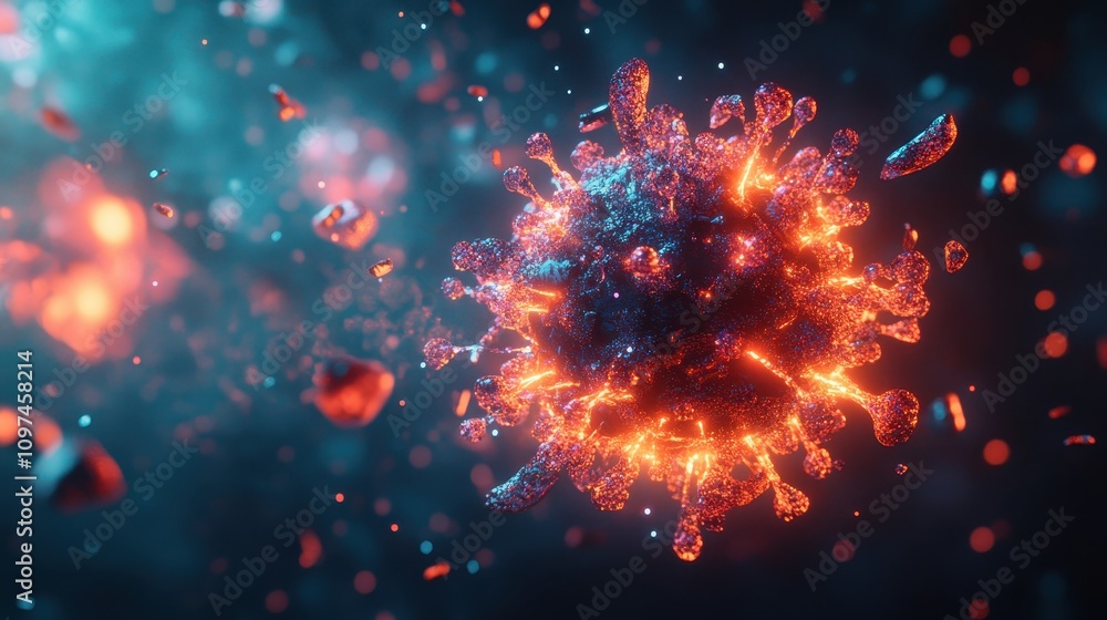 Abstract 3D Render of Glowing Virus Particle with Exploding Fragments, Microscopic View, Medical Science Concept. Abstract 3D Render of Glowing Virus Particle with Exploding Fragments, Microscopic View, Medical Science Concept.