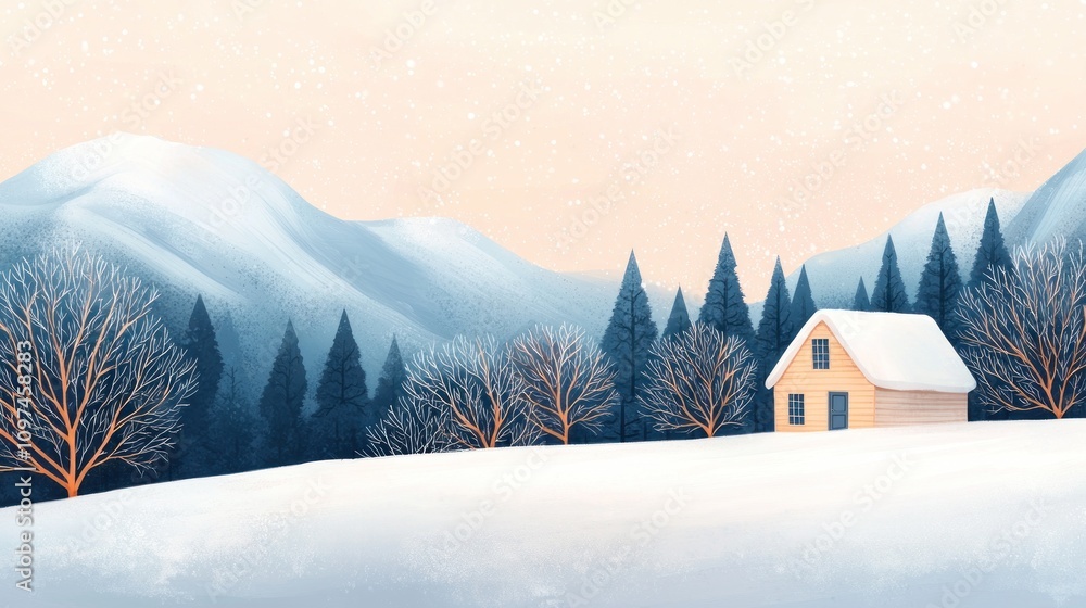A serene winter landscape featuring a cozy house surrounded by snow-covered mountains and evergreen trees under a pastel sky. A serene winter landscape featuring a cozy house surrounded by snow-covered mountains and evergreen trees under a pastel sky.