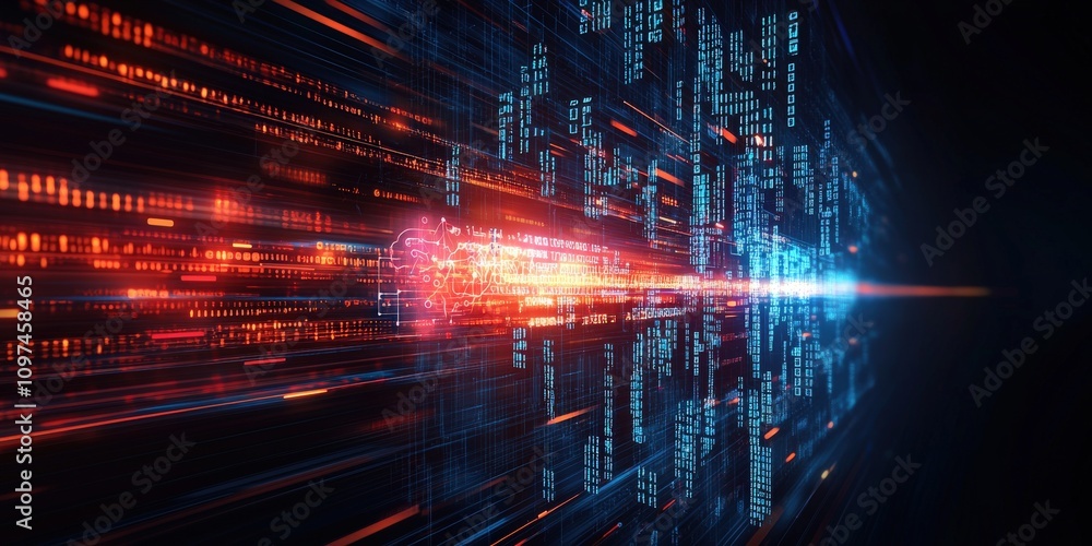 Fototapeta premium A vibrant, abstract representation of data flow, featuring bright streaks of light against a dark background, symbolizing speed and technology.
