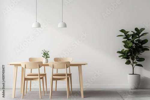 A minimalist dining area featuring a wooden table, chairs, pendant lights, and a plant, creating a cozy, modern atmosphere.