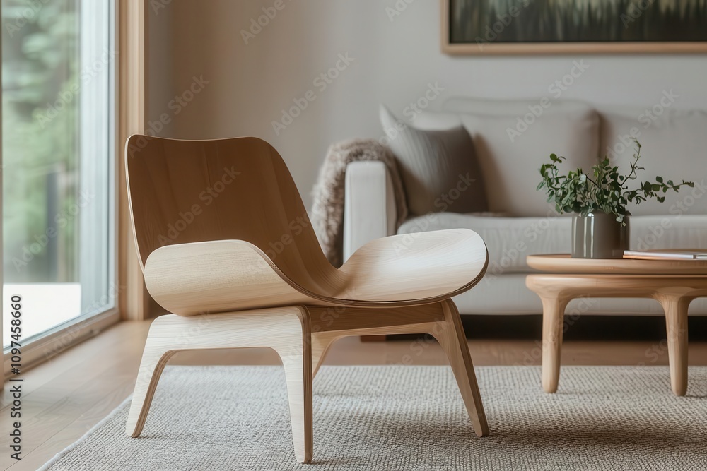 A stylish wooden chair sits elegantly in a cozy living room, complemented by a modern couch and tasteful decor. A stylish wooden chair sits elegantly in a cozy living room, complemented by a modern couch and tasteful decor.