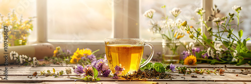 Warm Herbal Tea and Fresh Flowers on Rustic Table: A Holistic Remedy for Wellness and Serenity