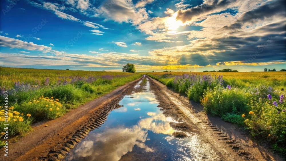 Fototapeta premium Serene Country Road Reflecting a Vibrant Sunset Sky