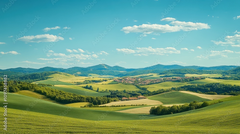 Stunning Panoramic View of Rolling Green Hills, Farmland, and a Picturesque Village Under a Blue Sky with Fluffy Clouds - Idyllic Rural Landscape Photography Stunning Panoramic View of Rolling Green Hills, Farmland, and a Picturesque Village Under a Blue Sky with Fluffy Clouds - Idyllic Rural Landscape Photography