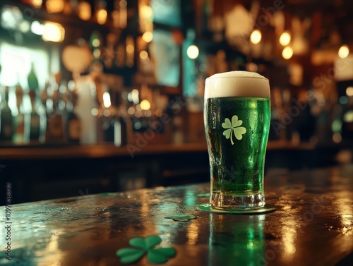 Frosty Pint of Green Beer with Shamrock on Bar Top in a Cozy Irish Pub - St. Patrick's Day Celebration photo