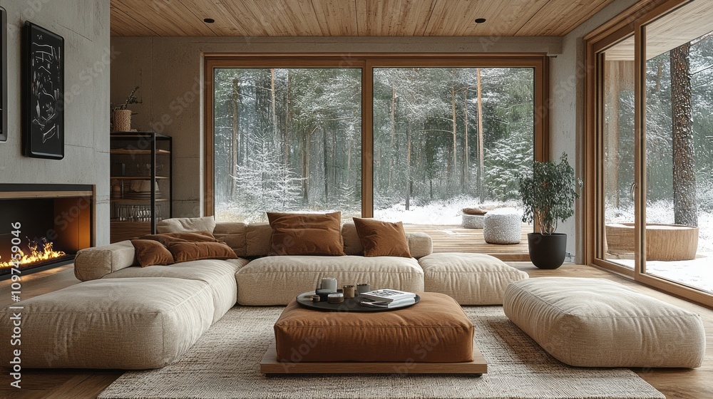 Modern Living Room With Fireplace And Snowy Forest View Modern Living Room With Fireplace And Snowy Forest View