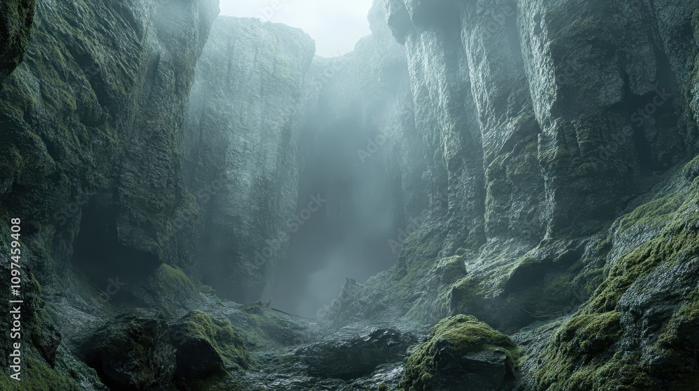 Mystical Foggy Gorge Deep Mossy Canyon with Atmospheric Light, Dramatic Rock Formations, and Lush Green Vegetation. Mystical Foggy Gorge Deep Mossy Canyon with Atmospheric Light, Dramatic Rock Formations, and Lush Green Vegetation.