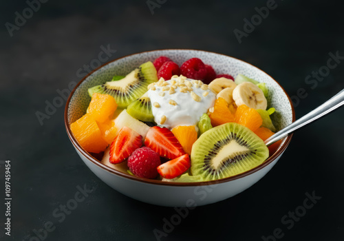 Fresh colorful fruit salad in the bowl photo