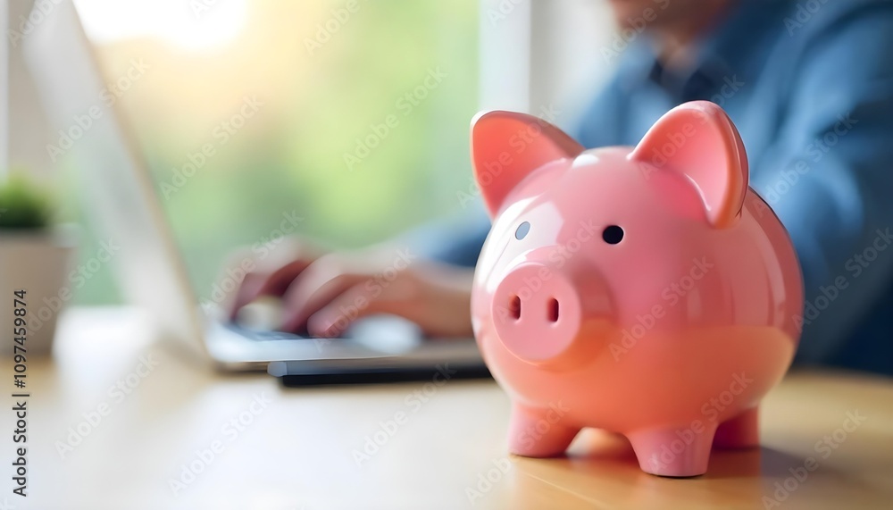 A man working in office with a Pink piggy bank on desk finance earnings savings concept A man working in office with a Pink piggy bank on desk finance earnings savings concept