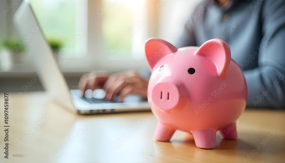 Pink piggy bank on desk with person working in laptop finance earning savings concept Pink piggy bank on desk with person working in laptop finance earning savings concept