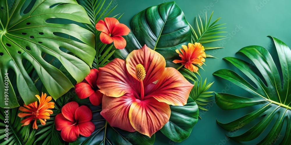 Fototapeta premium Vibrant Tropical Flowers and Lush Green Leaves Arranged on a Teal Background