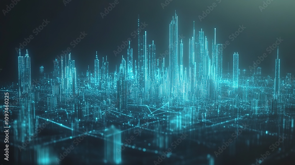Futuristic city skyline, digital network connections. Futuristic city skyline, digital network connections.