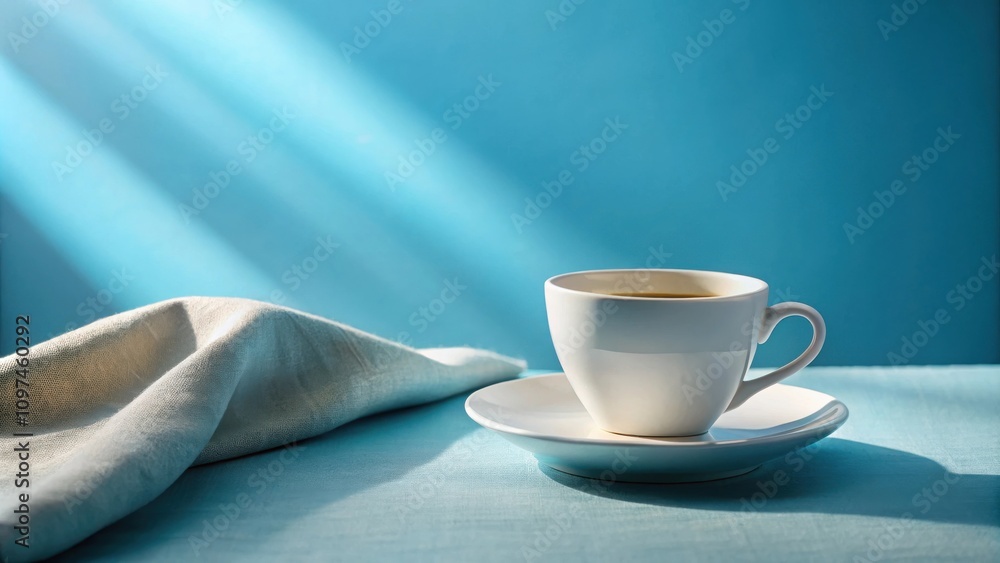 Serene morning sunlight illuminates a steaming cup of coffee on a light blue linen tablecloth. Serene morning sunlight illuminates a steaming cup of coffee on a light blue linen tablecloth.