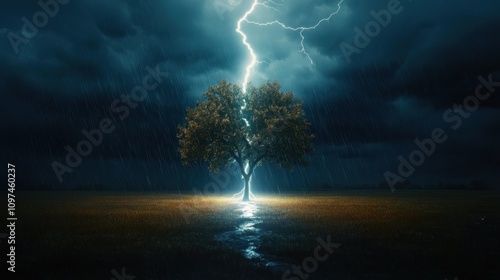 Dramatic Lightning Strike Illuminating Lone Tree in a torrential Rainstorm - Powerful Nature Photography photo