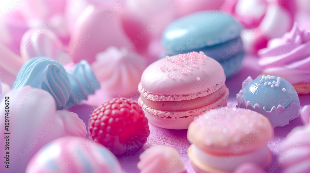Fototapeta premium Pink and blue pastel color Closeup French macarons with blurred background Variety of Pastel color. Sweet and dessert Pastry