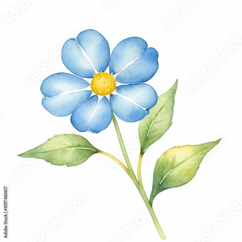 Watercolor Blue Flower with Green Leaves Botanical Illustration Floral Design Element