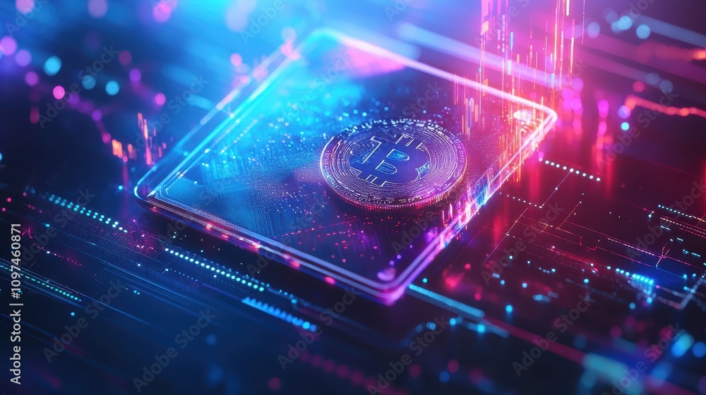 Obraz premium Futuristic Bitcoin Cryptocurrency Digital Coin on Neon Circuit Board - Abstract Technology Background